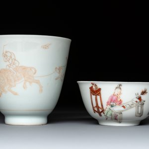A Chinese iron-red-decorated 'boy and buffalo' cup and saucer and a famille rose 'Xi Xiang Ji' cup and saucer, Qianlong — photo 4