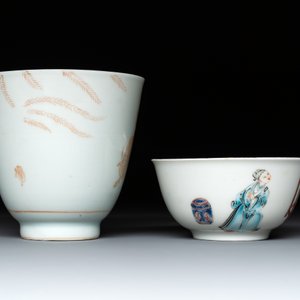 A Chinese iron-red-decorated 'boy and buffalo' cup and saucer and a famille rose 'Xi Xiang Ji' cup and saucer, Qianlong — photo 7
