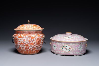 A Chinese iron-red-decorated covered bowl and a famille rose covered bowl, 19th C.