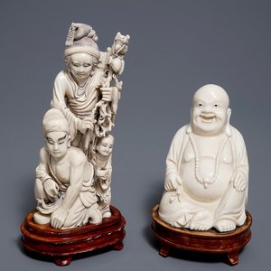 A Chinese ivory group of a family and a 'laughing Buddha' figure, ca. 1900 — photo 1