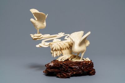A Chinese ivory group of cranes among clouds, ca. 1920