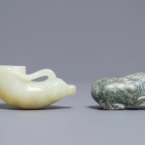 A Chinese jade deer rhyton cup and a spinach green jade pig, Han or later — 照片 5