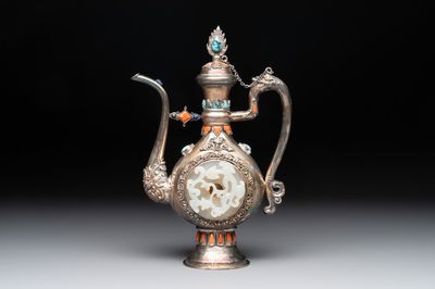 A Chinese jade-inset and hardstone-inlaid silver ewer and cover in Mongolian style, 19th C.