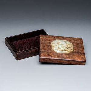 A Chinese jade-inset hongmu box and cover — photo 1