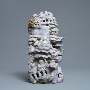 A Chinese jadeite vase and cover with Buddha and playing children, 19/20th C. — 照片 2