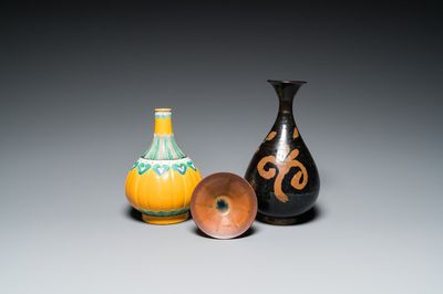 A Chinese Jizhou vase, a Jian bowl and a yellow-ground vase, Song and later