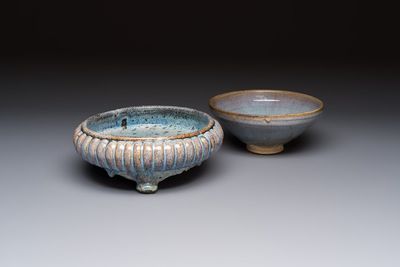 A Chinese Jun-type flambé-glazed tripod censer and a Junyao blue-glazed bowl, 19/20th C.