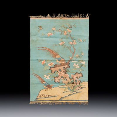 A Chinese kesi silk 'Pheasants Among Flowers and Rockwork' panel, 19/20th C.