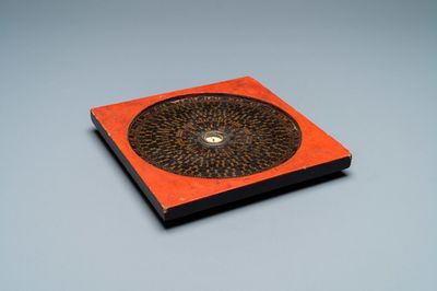 A Chinese lacquered and painted wooden 'Feng Shui' compass, various marks, 19th C.