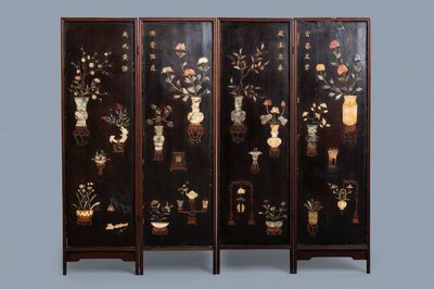 A Chinese lacquered wooden screen embellished with bone, wood and various stones, 18/19th C.