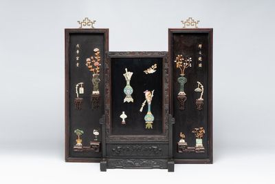 A Chinese lacquered wooden table screen with jade and cloisonné, and a pair of wall panels embellished with jade, bone, and wood, 20th C.