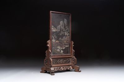 A Chinese laque burgauté and hongmu table screen, Qing