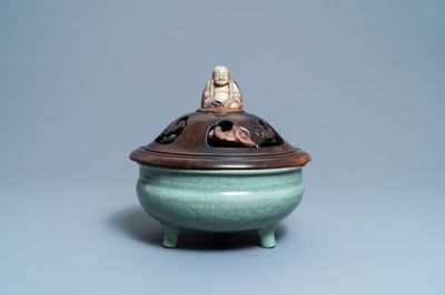 A Chinese Longquan celadon censer with wooden cover and soapstone Buddha finial, Ming