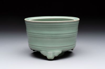 A Chinese Longquan celadon cylindrical tripod censer with trigrams design, Yuan/Ming