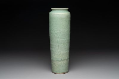 A Chinese Longquan celadon cylindrical vase with incised floral design, Ming