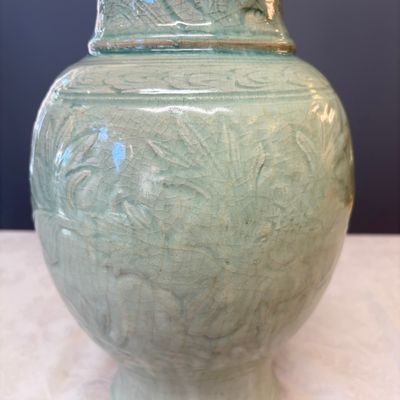 A Chinese Longquan celadon-glazed incised 'Peony' yenyen vase — photo 3