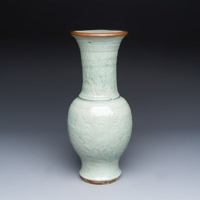 A Chinese Longquan celadon-glazed incised 'Peony' yenyen vase, Yuan/Ming