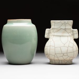 A Chinese Longquan celadon jar and a small Ge-type 'Hu' vase, Song and later — photo 1