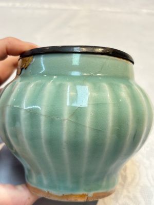 A Chinese Longquan celadon 'Lotus' jar with bronze mount, Song — photo 11