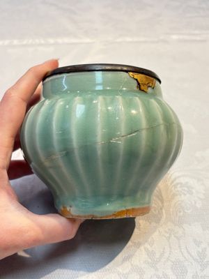 A Chinese Longquan celadon 'Lotus' jar with bronze mount, Song — photo 2