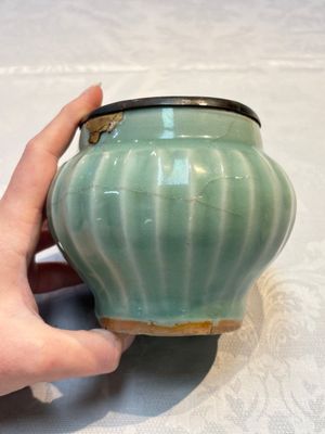 A Chinese Longquan celadon 'Lotus' jar with bronze mount, Song — photo 3