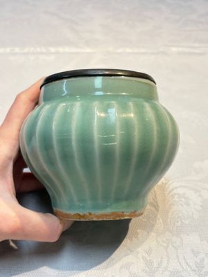 A Chinese Longquan celadon 'Lotus' jar with bronze mount, Song — photo 4