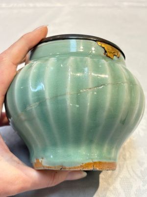 A Chinese Longquan celadon 'Lotus' jar with bronze mount, Song — photo 9