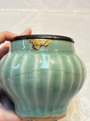 A Chinese Longquan celadon 'Lotus' jar with bronze mount, Song — photo 10
