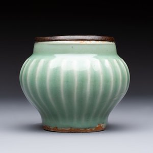 A Chinese Longquan celadon 'Lotus' jar with bronze mount, Song — photo 1