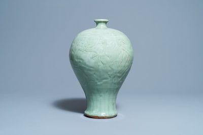 A Chinese Longquan celadon 'meiping' vase with 'Three friends of winter' design, Ming