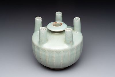 A Chinese Longquan celadon quintuple-tube vase, Yuan