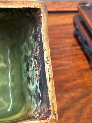 A Chinese Longquan celadon rectangular censer and cover on wooden stand, Ming — photo 11