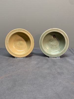 A Chinese Longquan celadon stem cup and two saucers, Ming — photo 1