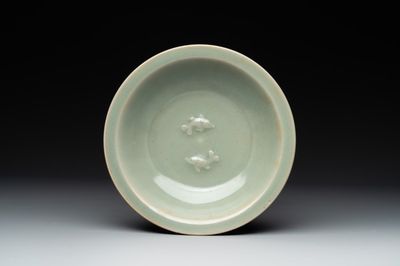 A Chinese Longquan celadon 'twin fish' plate, Yuan/Ming