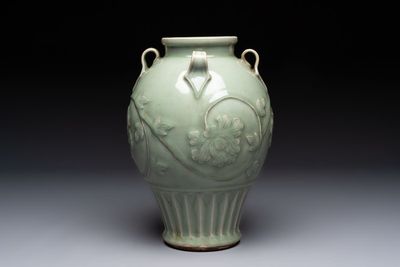 A Chinese Longquan celadon vase with floral design, Ming