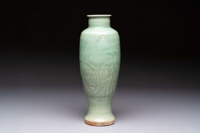 A Chinese Longquan celadon vase with incised floral design, Transitional period