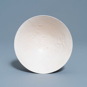 A Chinese luanbai bowl with molded design of characters and floral sprigs, Yuan — photo 1