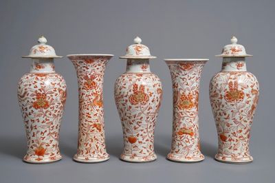 A Chinese 'milk and blood' five-piece garniture with phoenixes, Kangxi