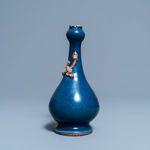 A Chinese monochrome blue garlic head vase with applied biscuit dragon, Jiajing — photo 1
