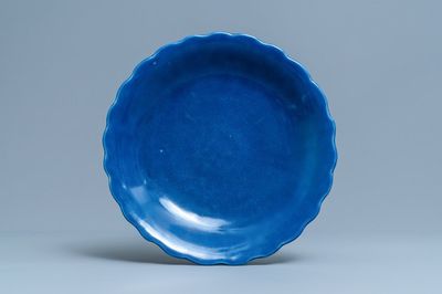 A Chinese monochrome blue lobed dish, Qianlong mark and of the period