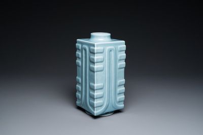 A Chinese monochrome clair de lune-glazed 'cong' vase, Qianlong mark, 20th C.