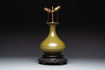 A Chinese monochrome teadust-glazed vase mounted as a lamp, 18/19th C.