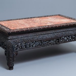 A Chinese mother-of-pearl-inlaid wooden low side table with marble top, 19th C. — photo 1