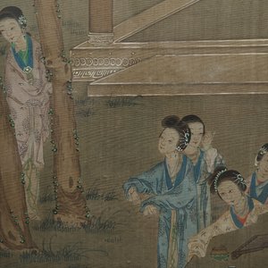 A Chinese mother-of-pearl inlaid wooden screen with silk paintings, 19th C. — 照片 3