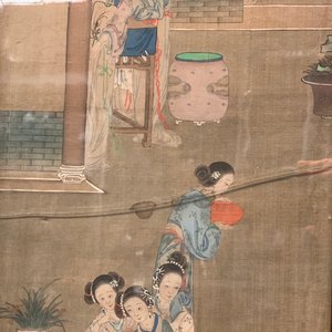 A Chinese mother-of-pearl inlaid wooden screen with silk paintings, 19th C. — 照片 41