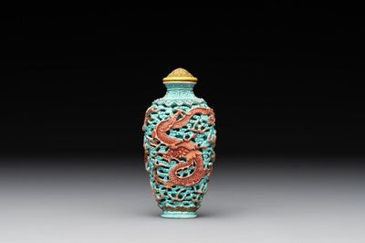 A Chinese moulded turquoise-ground famille rose 'dragon and phoenix' snuff bottle, 19th C.