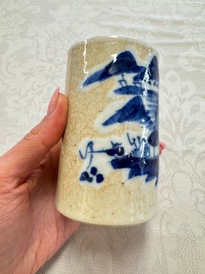 A Chinese Nanking water pot, a blue and white brush pot, a jarlet and a trick cup, Ming and later — photo 15