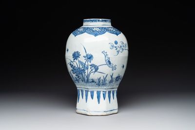 A Chinese octagonal blue and white 'birds and flowers' vase, Transitional period