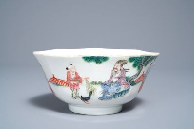 A Chinese octagonal famille rose bowl with figures in a landscape, Daoguang mark and of the period