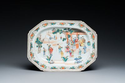 A Chinese octagonal famille rose 'mandarin subject' dish, Qianlong